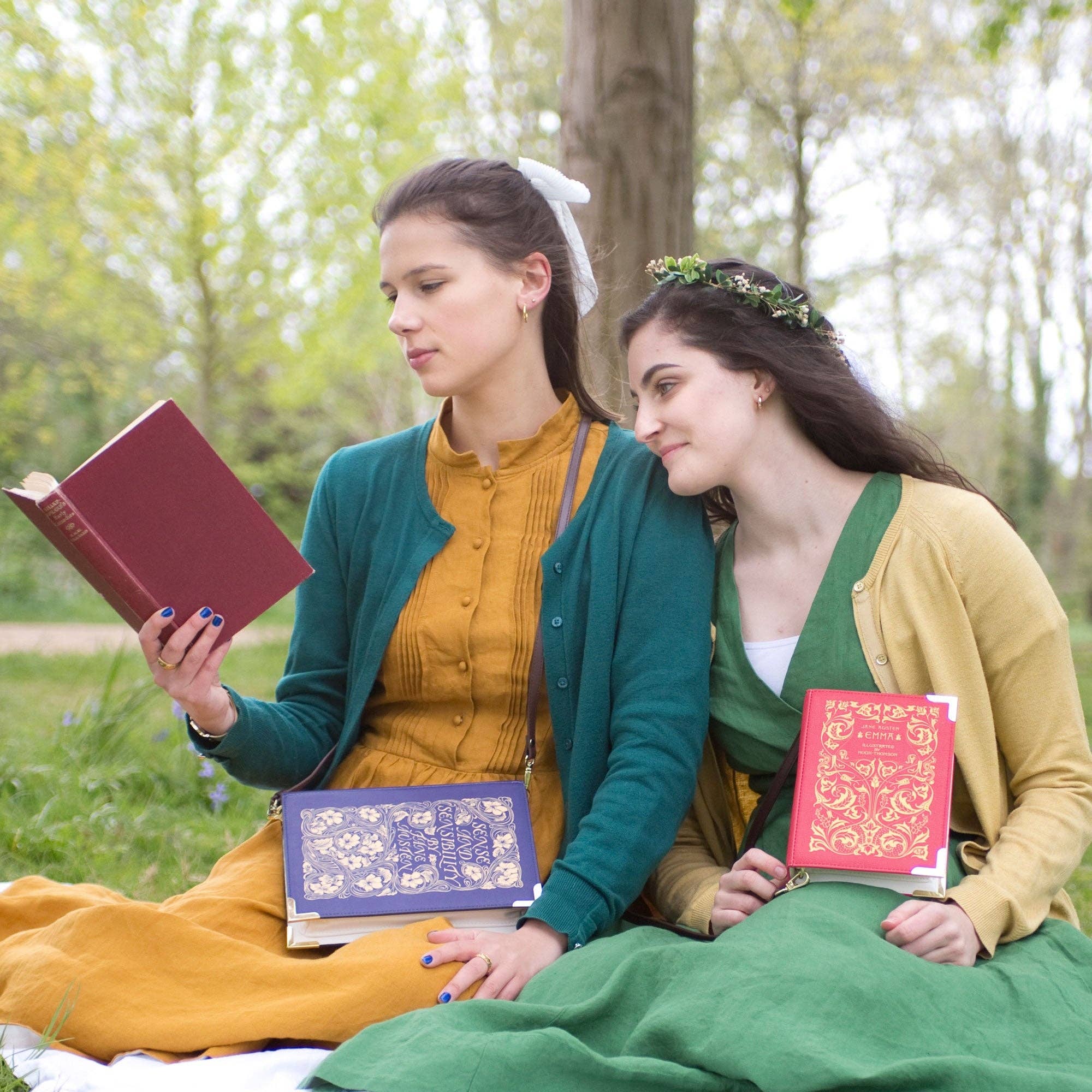 Book-shaped handbag with 'Sense and Sensibility' design with two models