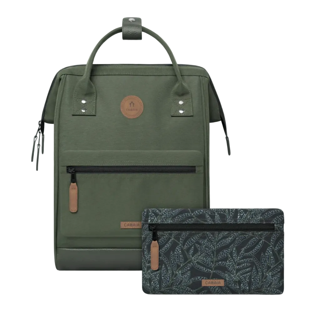 Green backpack with a smaller pouch featuring a leaf pattern on a white background
