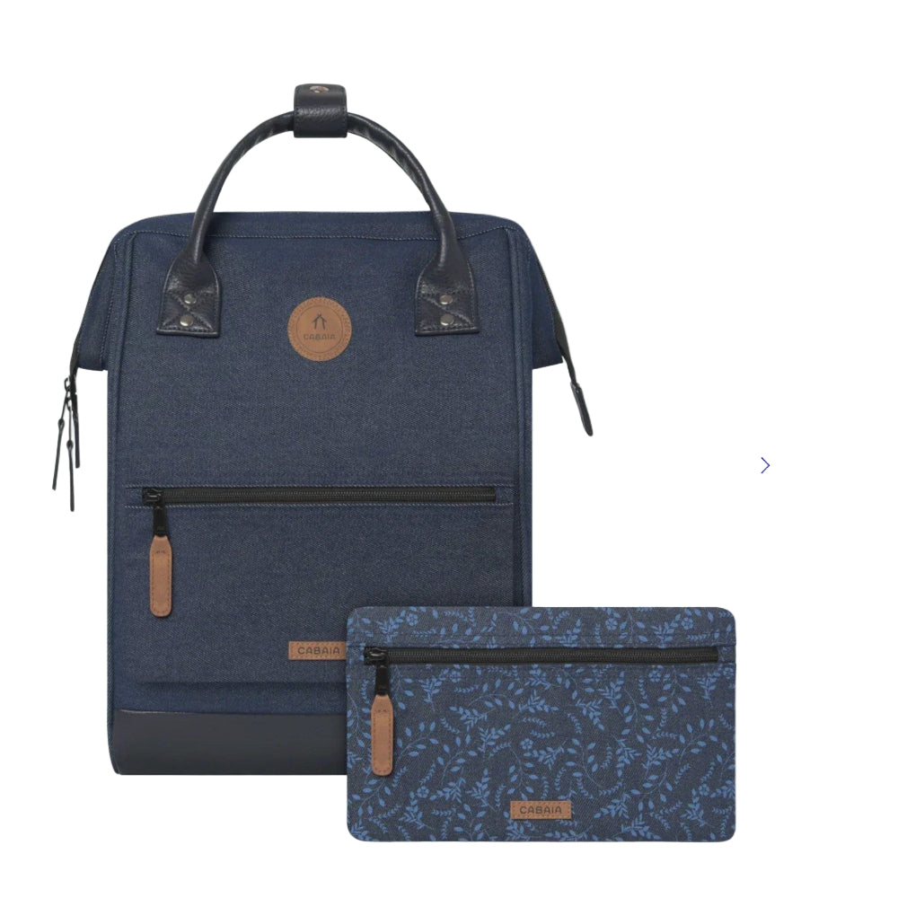 Navy blue backpack and matching pouch with brand logo on a white background