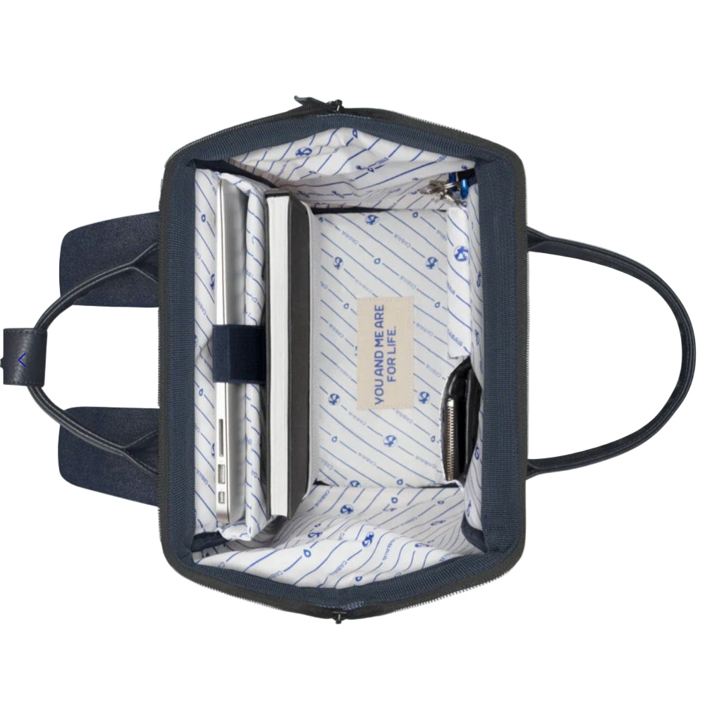 Navy blue bag with white interior on a white background