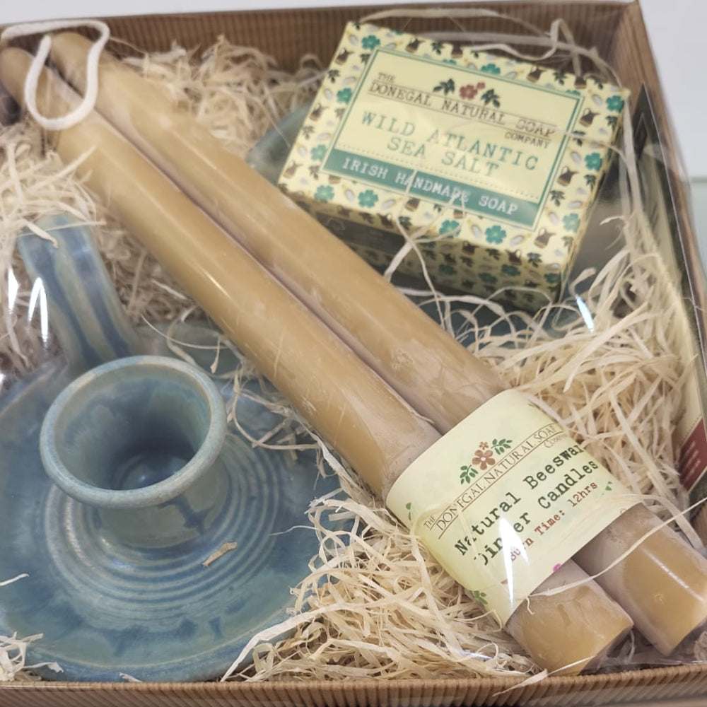 Donegal Natural Soap - Atlantic After Dusk Gift Set include wild atlantic sea salt soap, 2 candles and candle holder