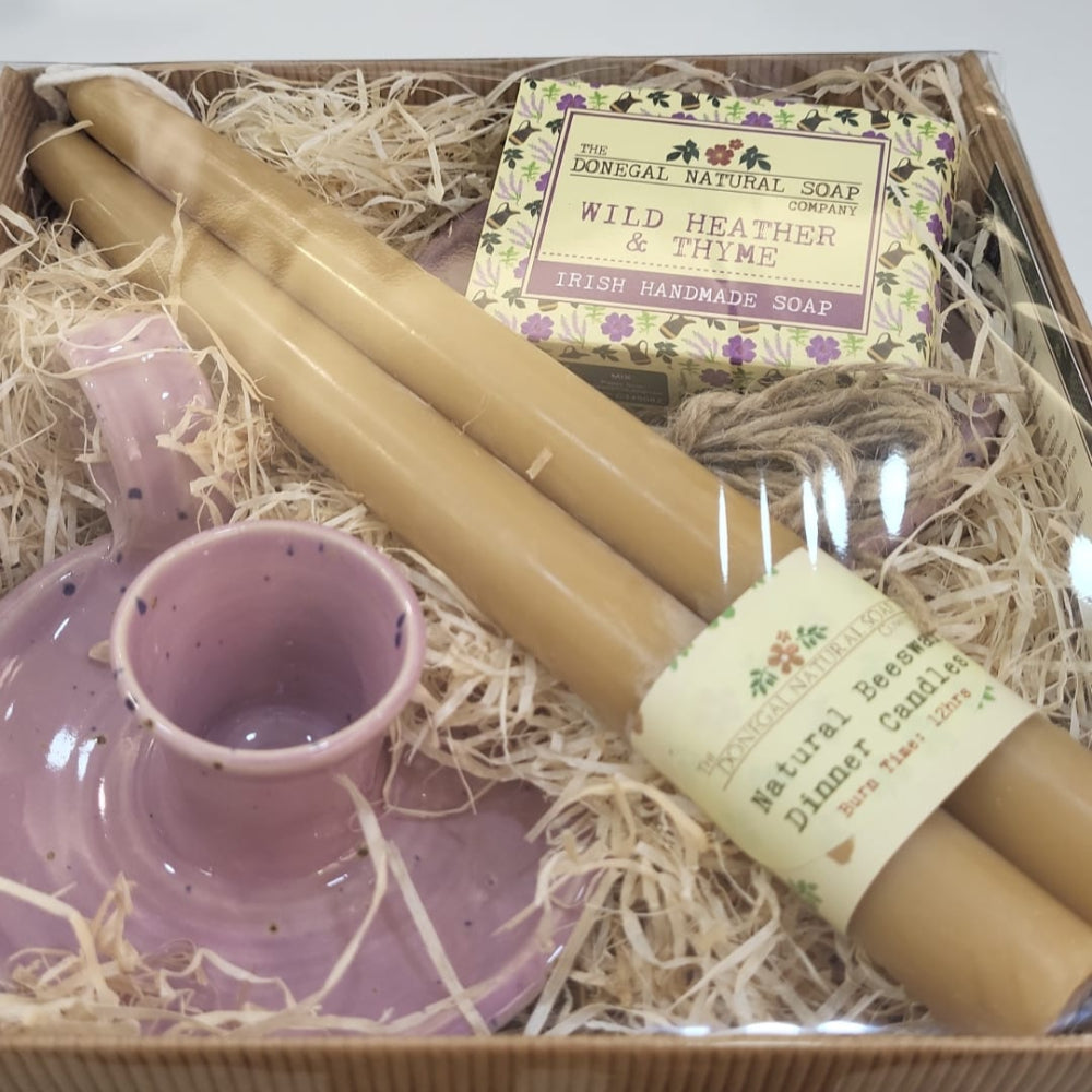 Donegal Natural Soap - Atlantic After Dusk Gift Set include wild heather & thyme soap, 2 candles and candle holder