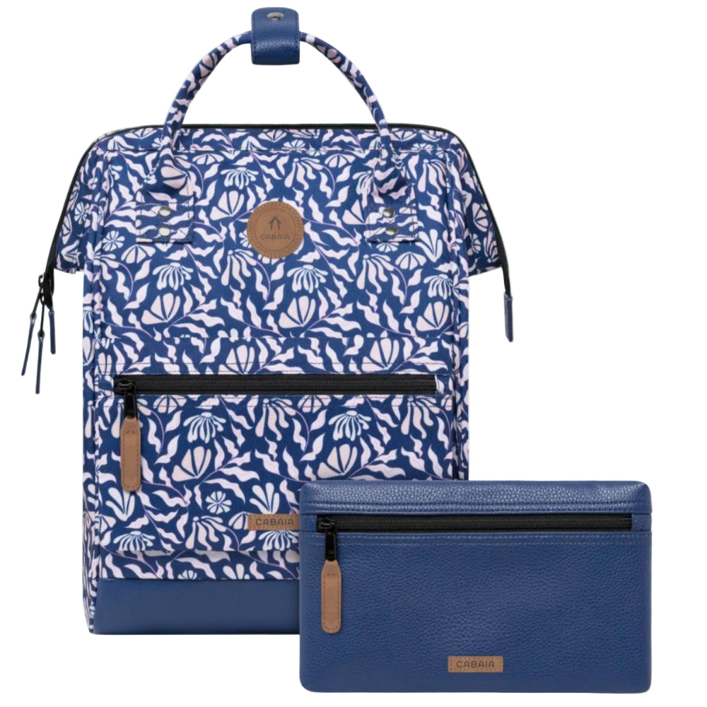 Blue patterned backpack and matching pouch on a white background