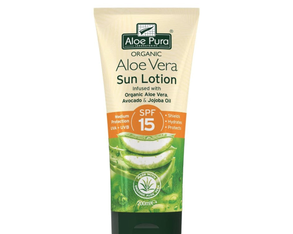 Aloe Pura Aloe Vera Sun Lotion tube on a white background