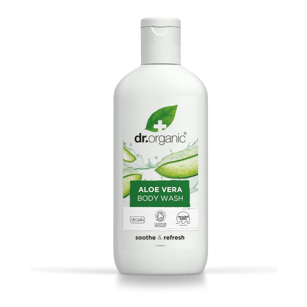 Dr. Organic Aloe Vera body wash bottle on a white background