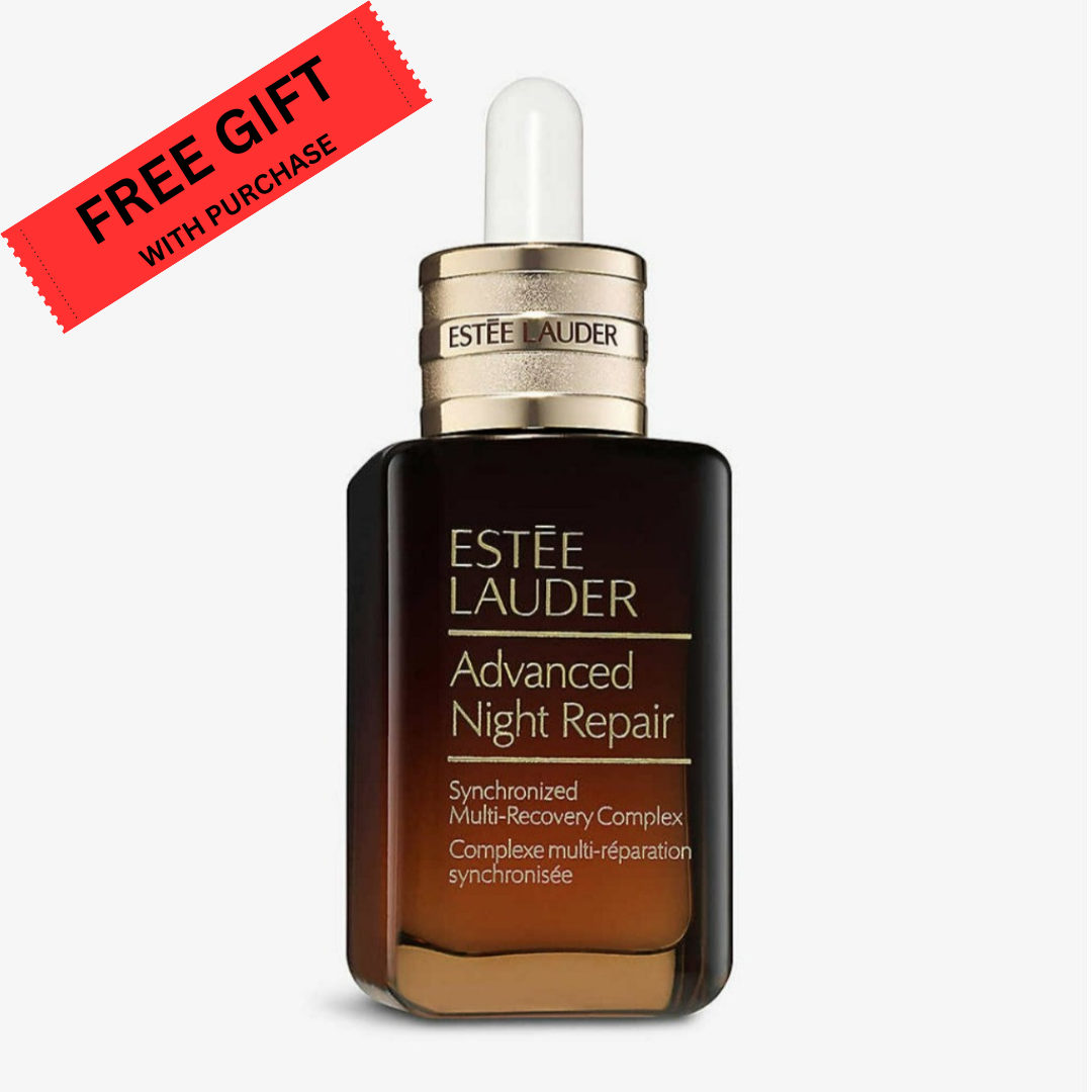 Estée Lauder Advanced Night Repair serum bottle with a free gift offer on a white background