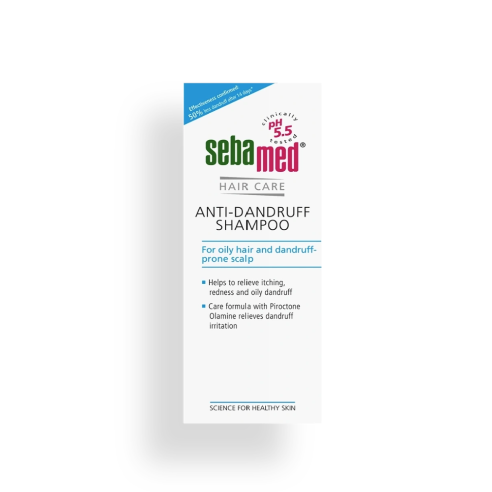 Sebamed anti-dandruff shampoo packaging on a white background