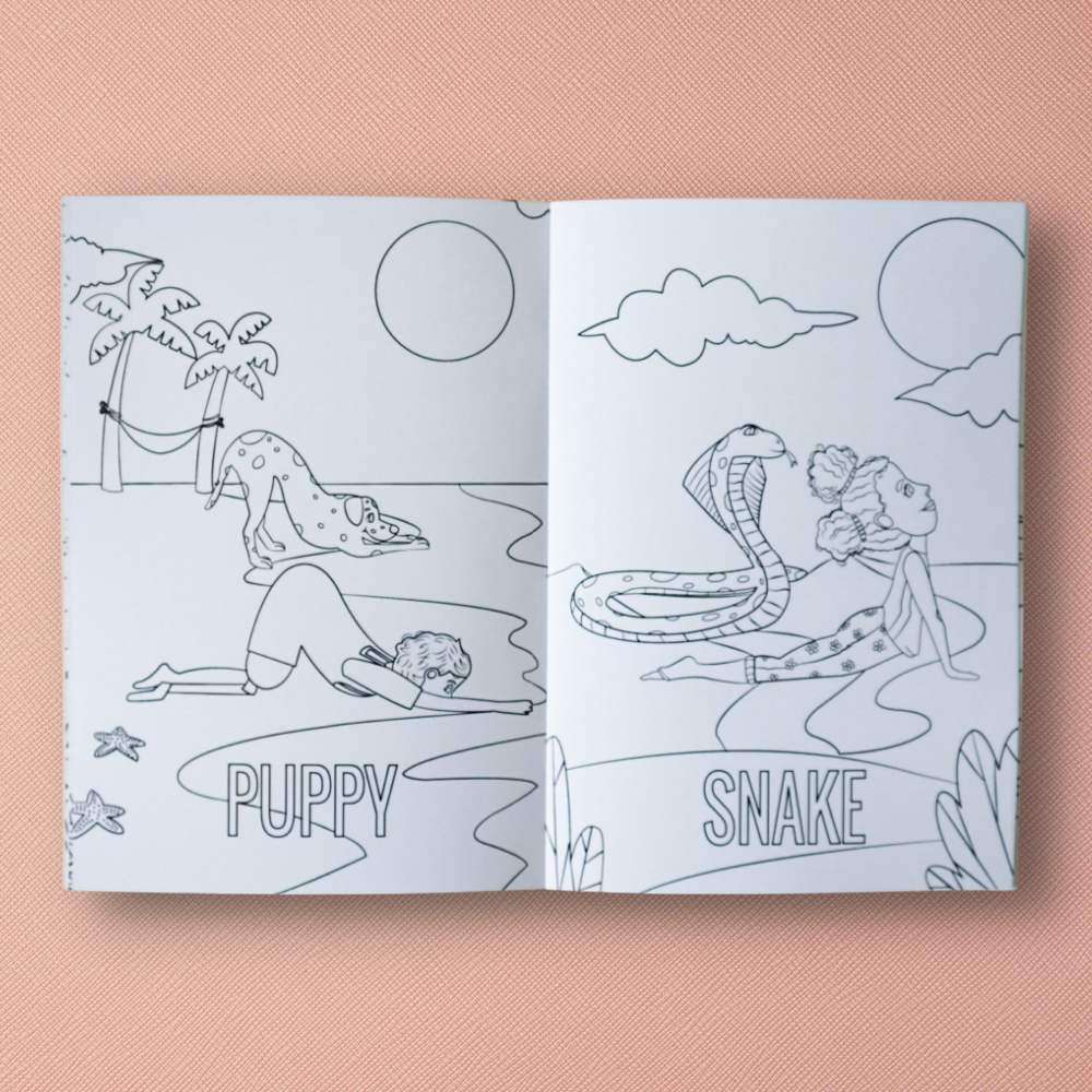Open coloring book with 'Puppy' and 'Snake' illustrations on a pink background