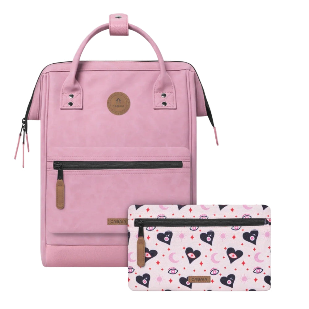 Pink backpack and pouch with heart pattern on a white background