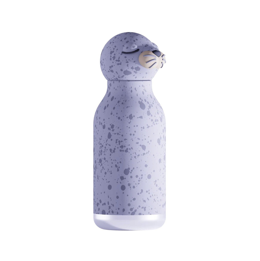 Speckled water bottle shaped like a seal on a white background