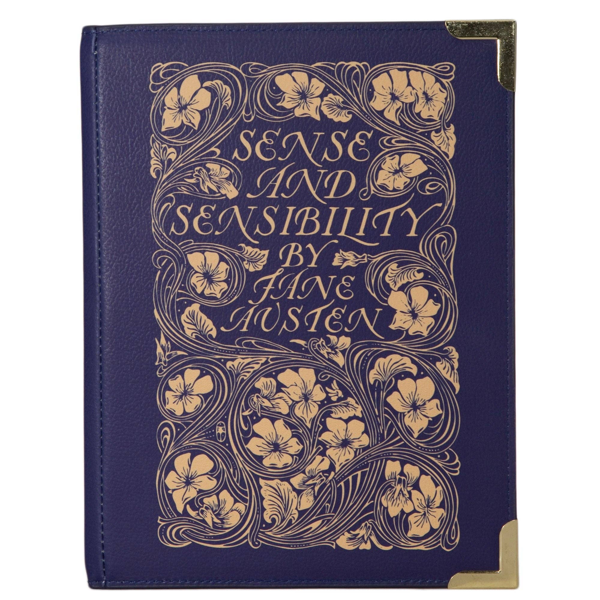 Book-shaped handbag with 'Sense and Sensibility' design on a white background