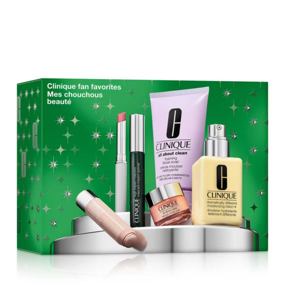 Clinique beauty set with products in front of a green box on a white background