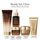 Estée Lauder skincare products including cleanser, serum, eye crème, moisturizer, and hand creme on a white background.