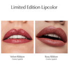 Two lips wearing different creme lipstick shades labeled 'Velvet Ribbon' and 'Rosy Ribbon'.