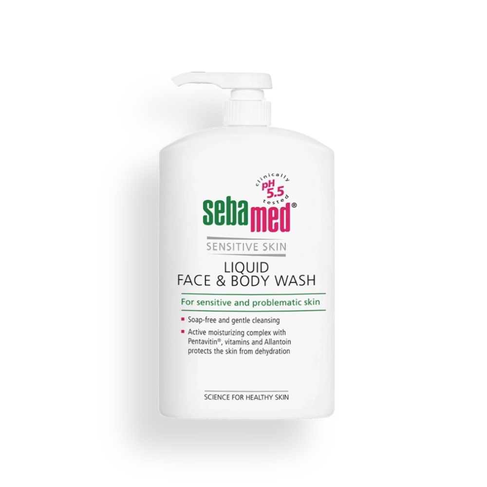 Sebamed liquid face and body wash bottle on a white background