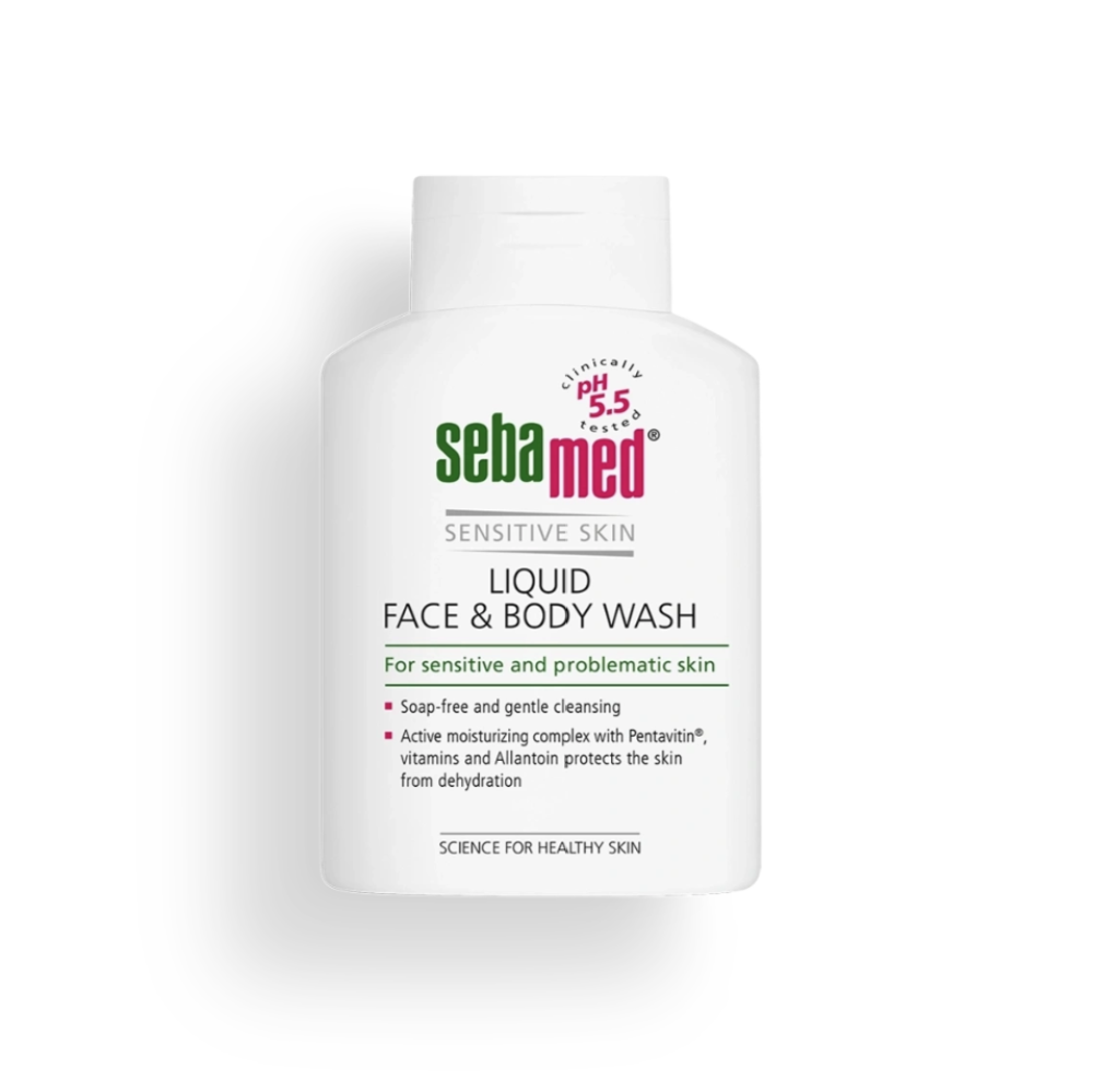 Sebamed liquid face and body wash bottle on a white background