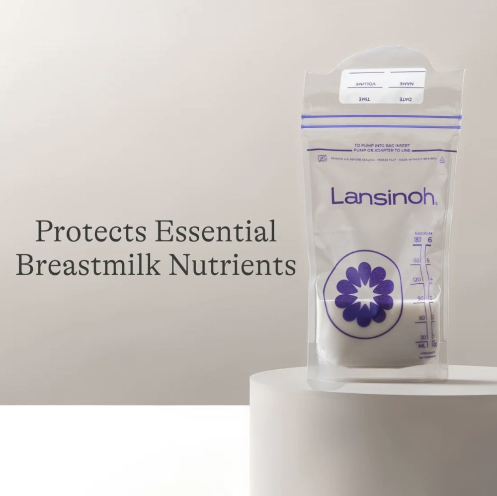 Lansinoh packaging with text about protecting breastmilk nutrients on a neutral background