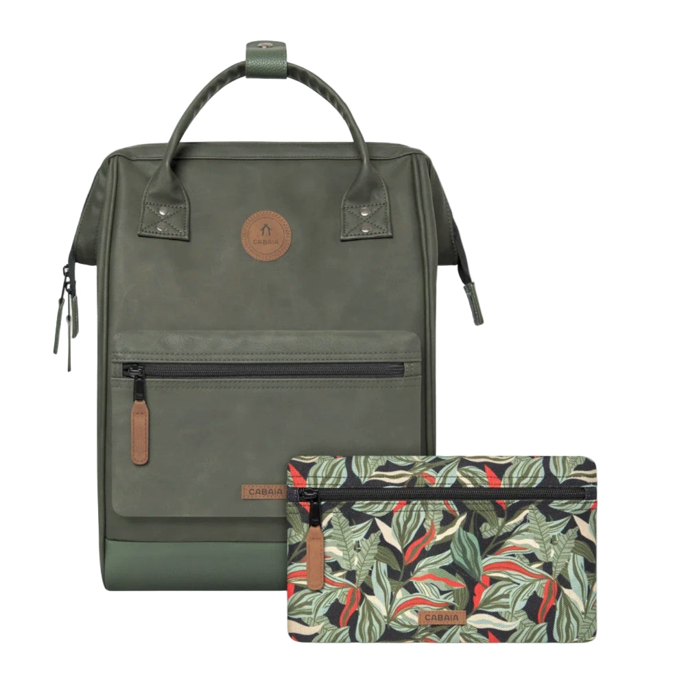 Green backpack with a matching pouch featuring a leaf pattern on a white background