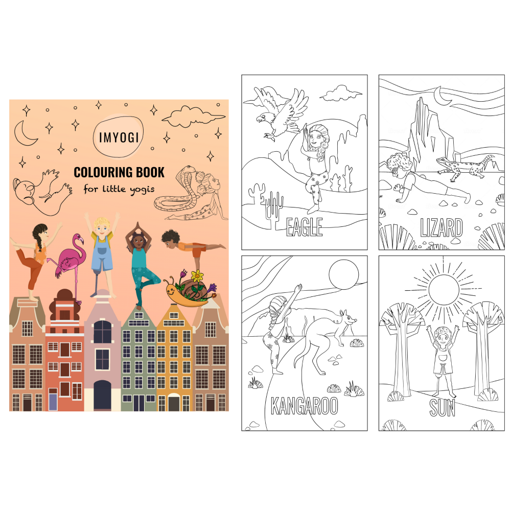 IMYOGI colouring book for little yogis with illustrations and text on a white background