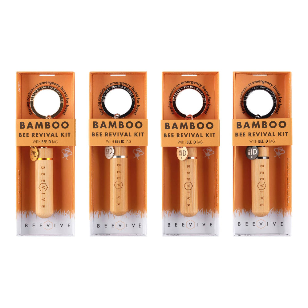 Four Bamboo Bee Revival Kits with emergency drone tool in packaging on a white background
