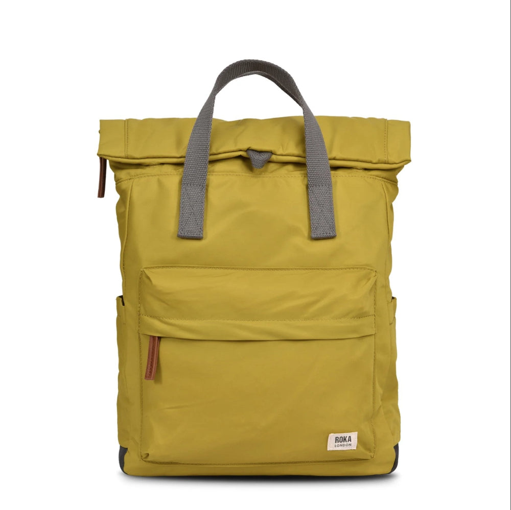 Yellow backpack with gray straps on a white background