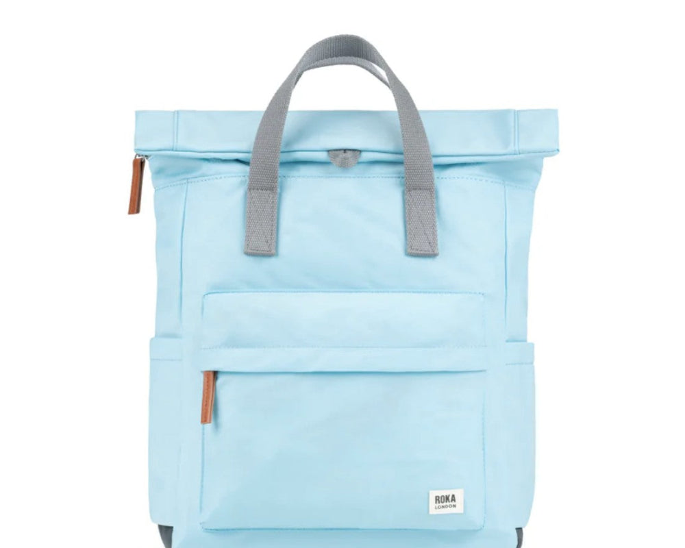 Light blue backpack with gray straps on a white background