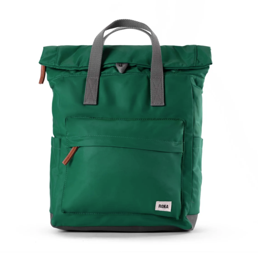 Roka London Canfield B Sustainable Backpack emerald medium size travel bag