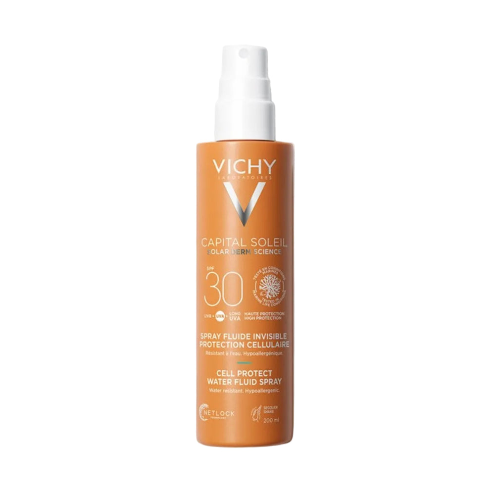 Vichy sunscreen spray bottle spf30 on a white background