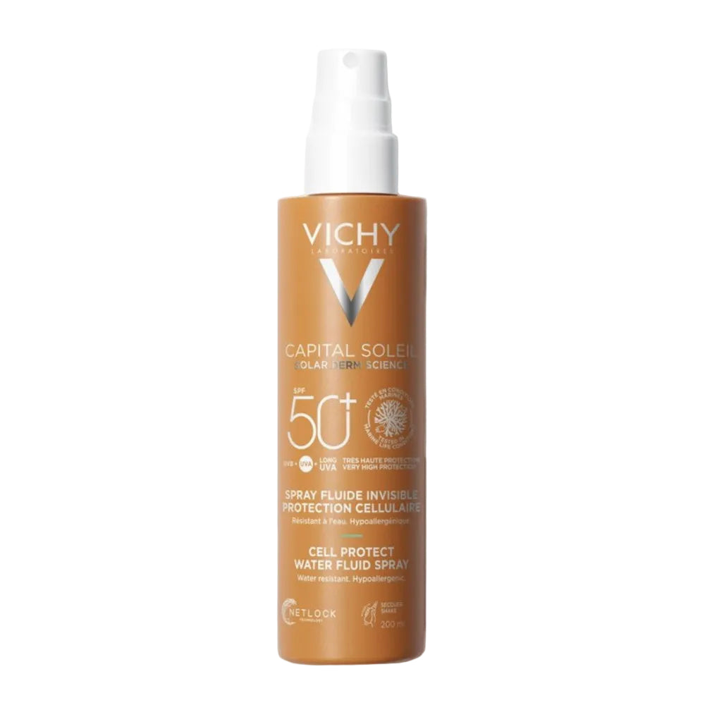 Vichy sunscreen spray bottle spf50 on a white background