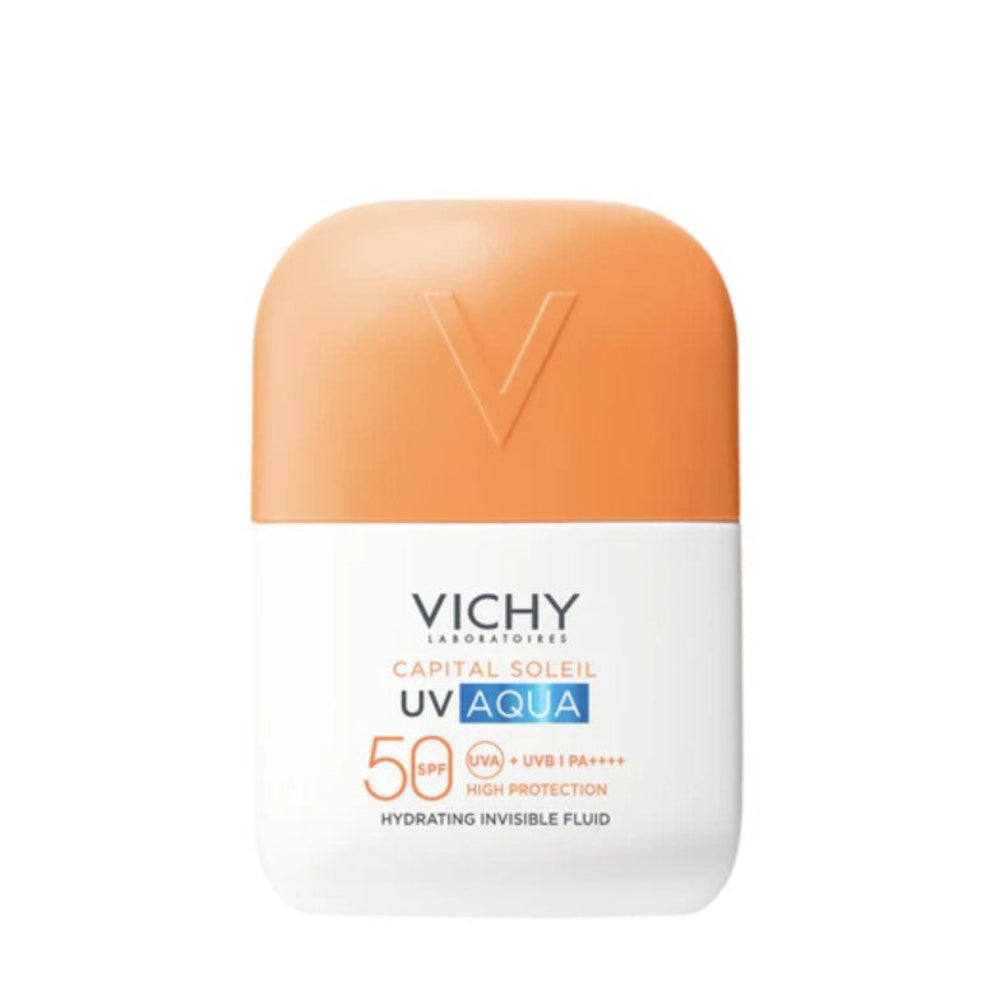 Vichy UV Aqua sunscreen bottle on a white background