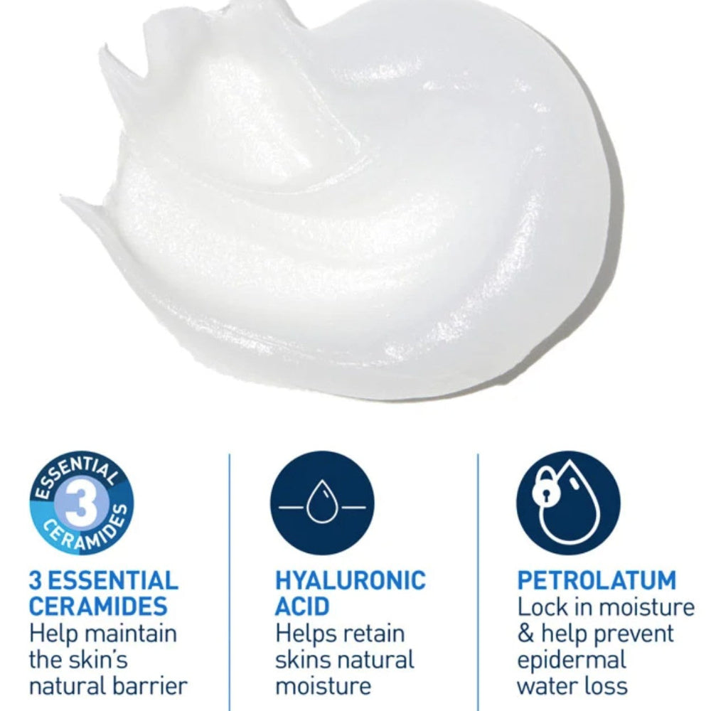 White cream with text and icons explaining its ingredients on a white background