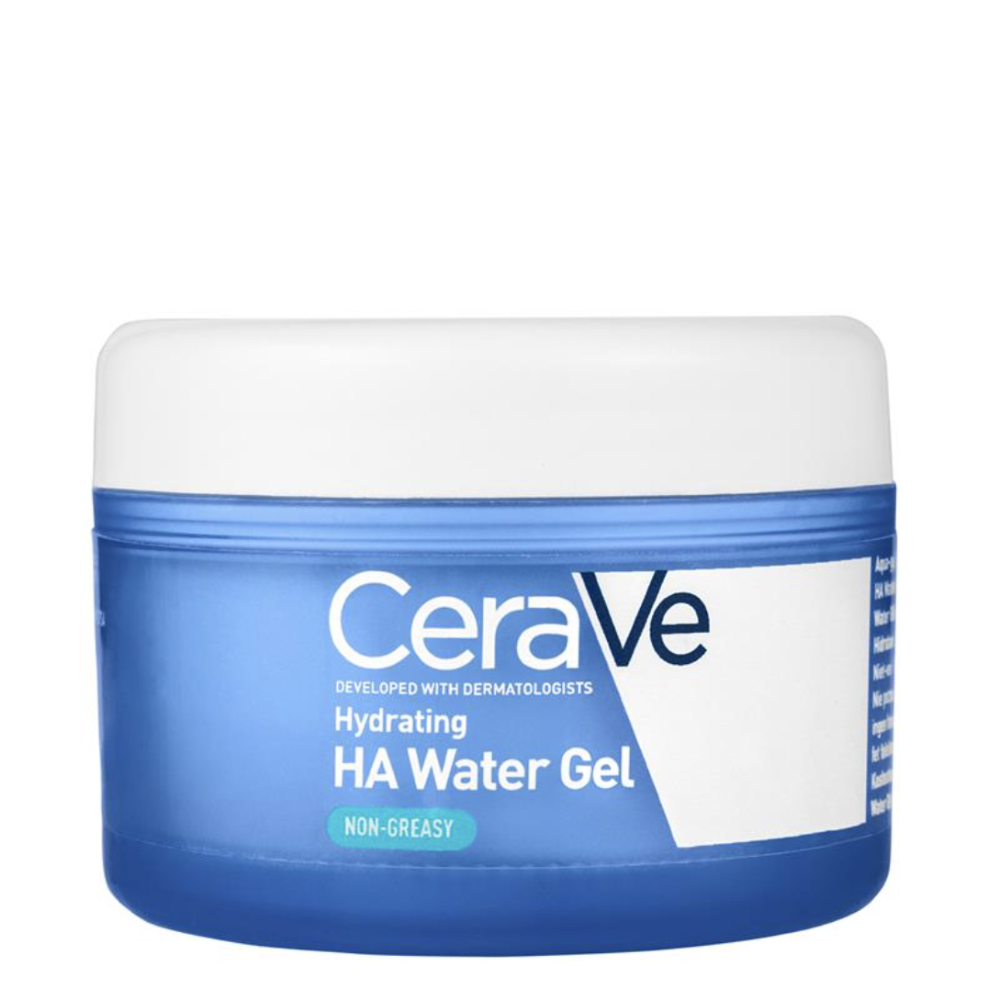 CeraVe Hydrating HA Water Gel in a blue and white jar, shown on a plain white background.