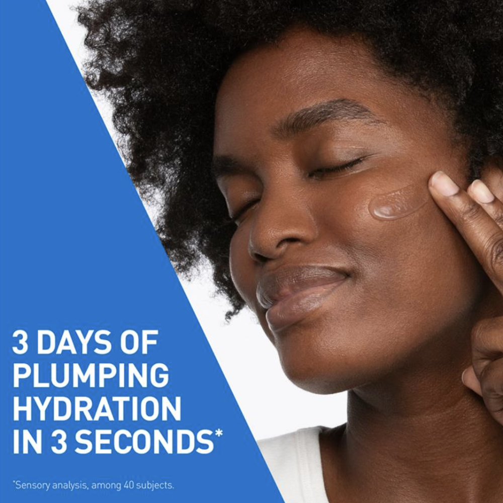 Close-up of a woman with closed eyes and a hand touching her cheek, with a blue text panel on the left reading '3 DAYS OF PLUMPING HYDRATION IN 3 SECONDS'.