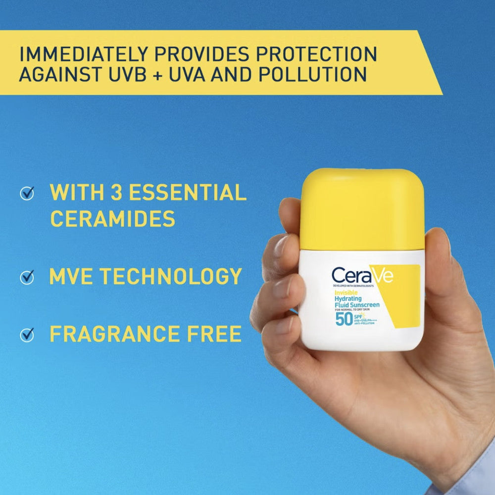 CeraVe sunscreen bottle held by a hand with product features listed on a blue background
