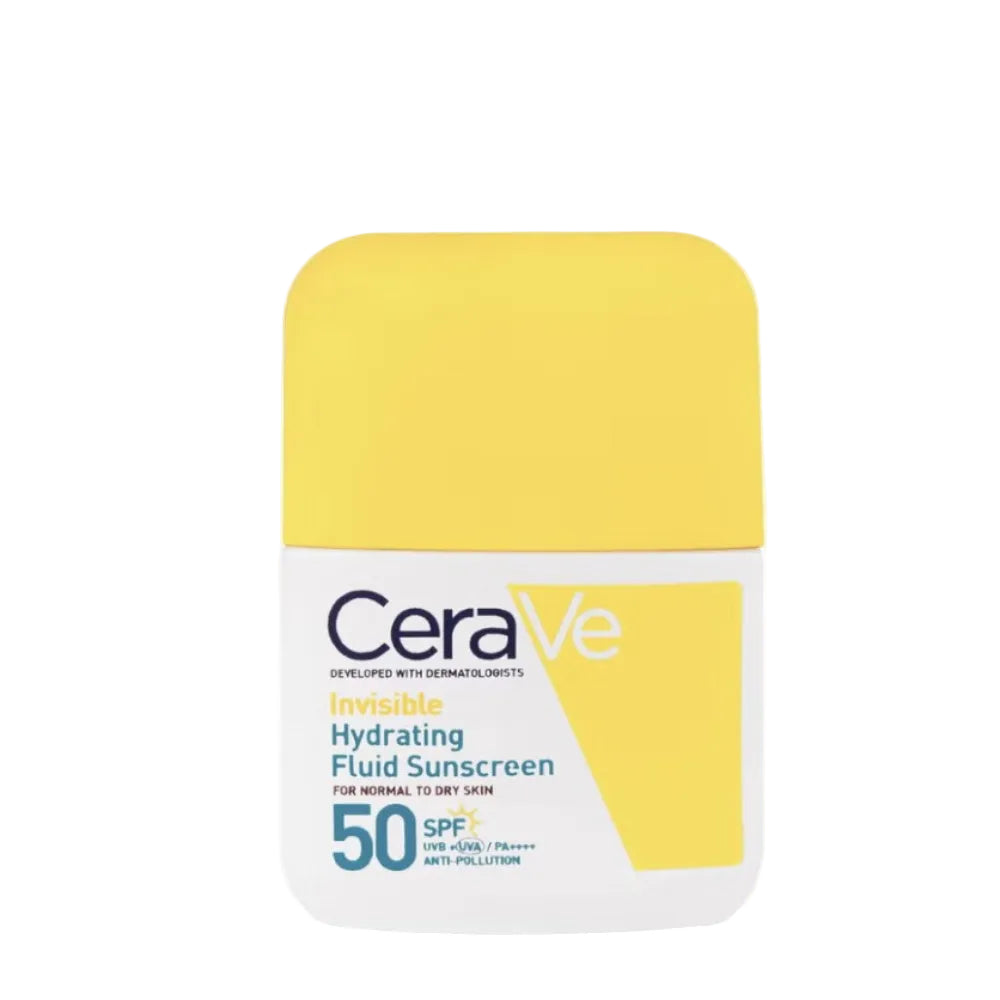 CeraVe sunscreen bottle with yellow cap on a white background