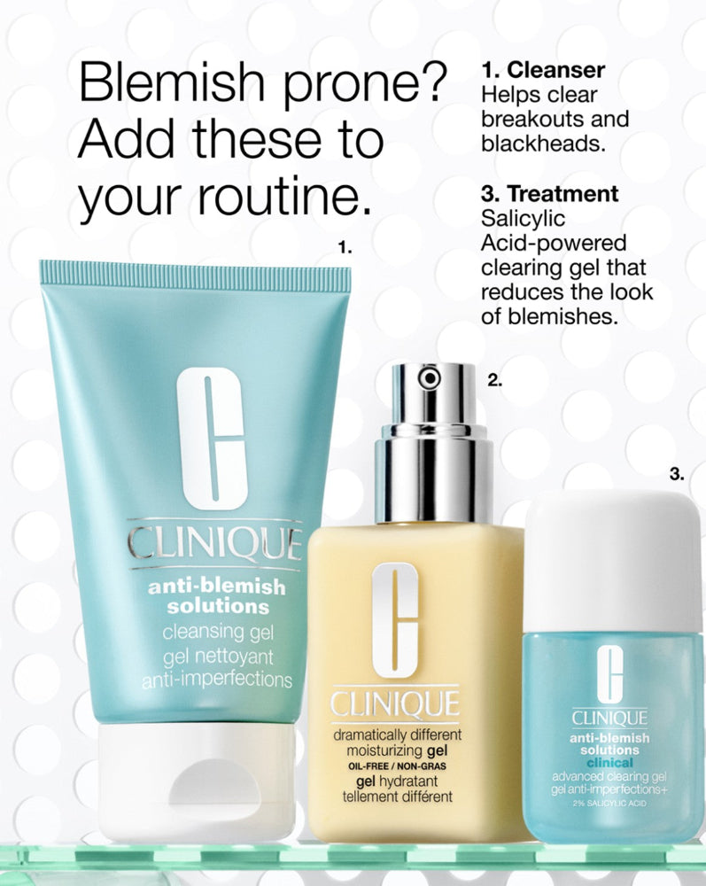 Clinique skincare products with text on a white background
