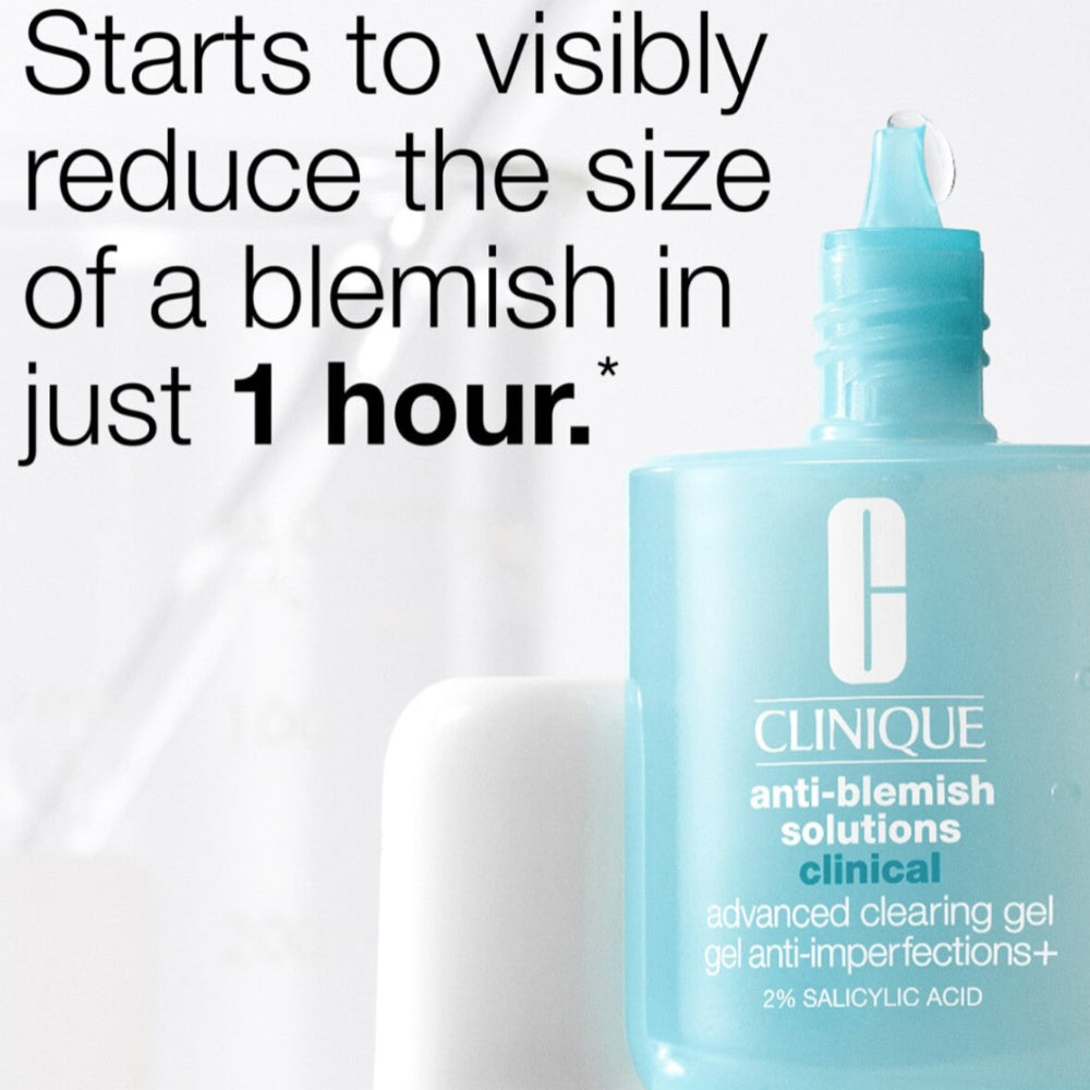 Clinique anti-blemish solutions clinical gel on a white background with text about its effectiveness.
