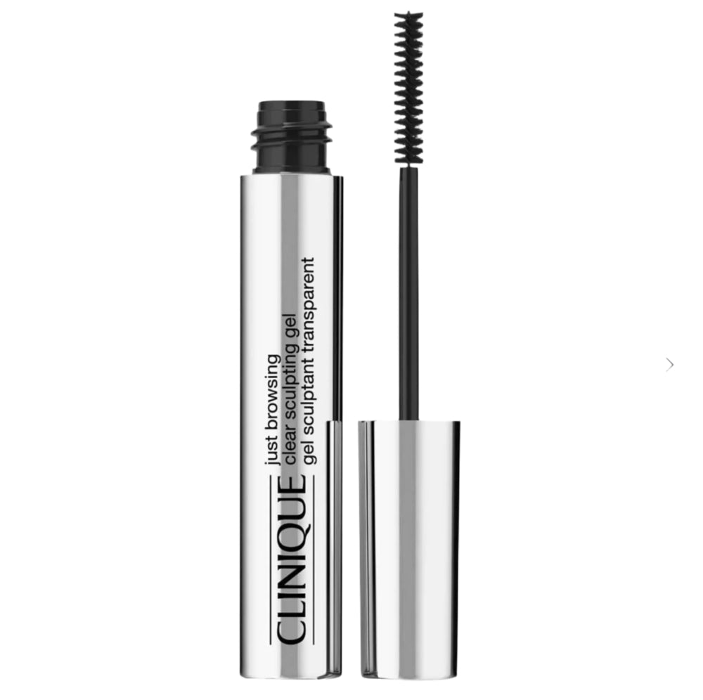 Clinique brow gel with silver packaging and black applicator on a white background