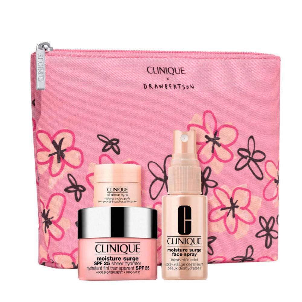 Clinique skincare products with a pink floral pouch on a white background