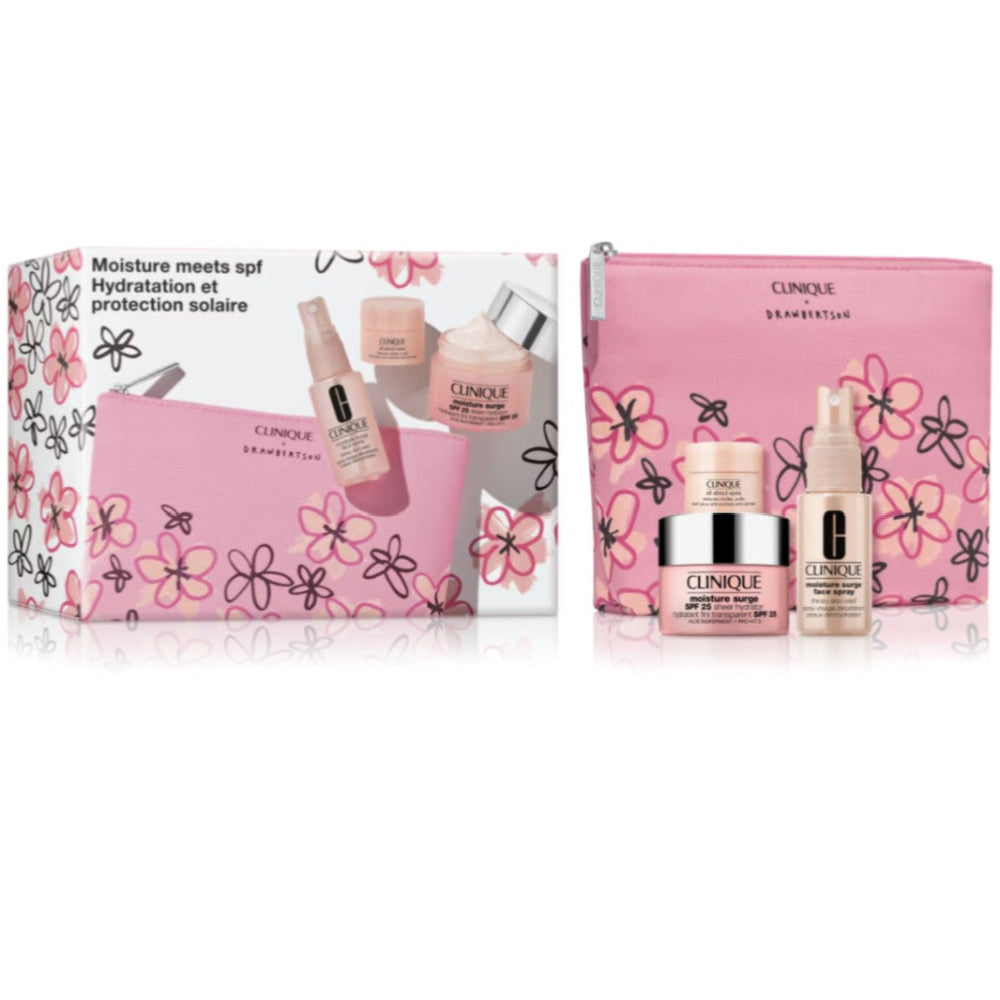 Clinique beauty set with pink floral design on a white background
