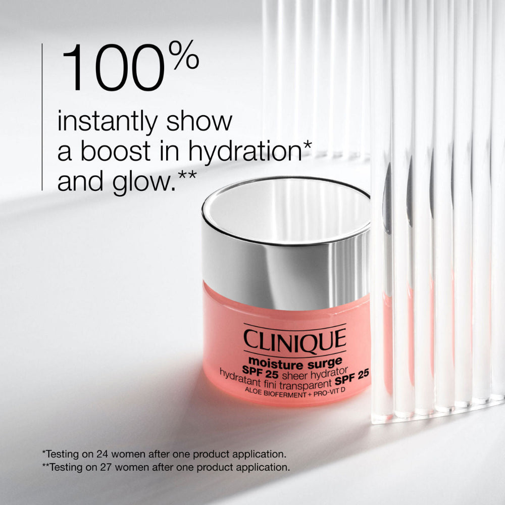 Clinique moisture surge jar with text about hydration and glow on a white background