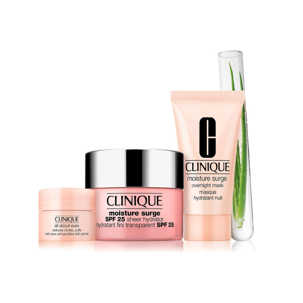 Clinique skincare products including a jar, tube, and bottle on a white background