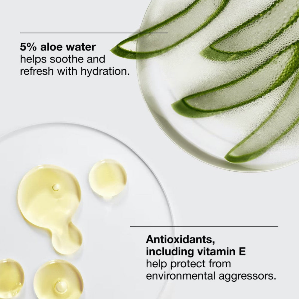 Aloe vera slices and aloe water droplets with text about aloe water's benefits on a white background.