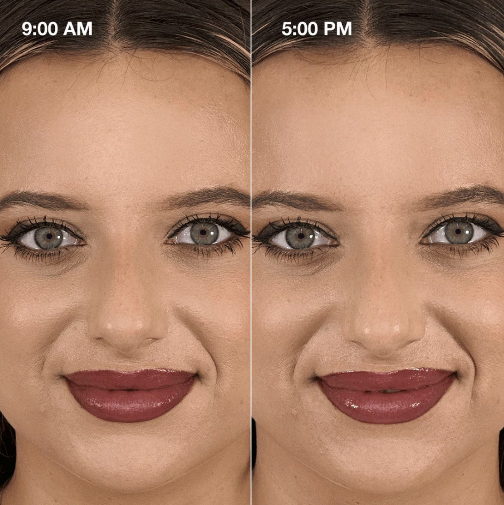 Side-by-side comparison of a woman's face at 9:00 AM and 5:00 PM with text indicating 'All set.' and 'All day.'