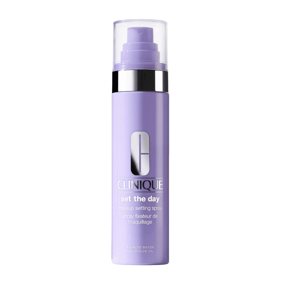 Purple Clinique bottle on a light gray background