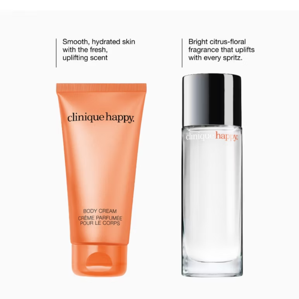 Clinique Happy Body Cream in an orange squeeze tube next to a clear glass spray bottle with a black cap, both labeled Clinique Happy, on a white background with descriptive text.