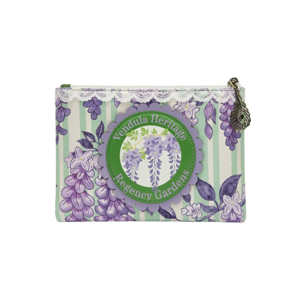 Floral patterned pouch with a visible Vendula logo on a white background