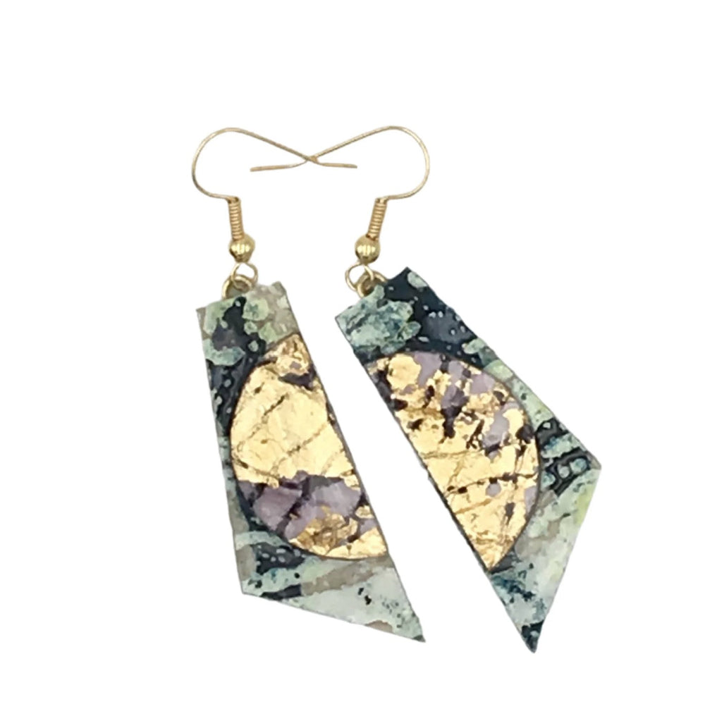 Geometric earrings with gold and multicolor design on a white background