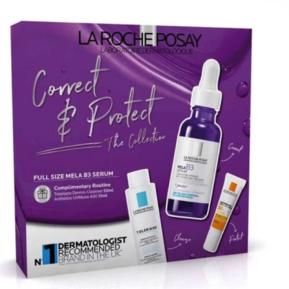 La Roche-Posay Correct & Protect Collection Gift Set packaging with Mela B3 serum, Toleriane Dermo-cleanser, and Anthelios SPF50+ items displayed.