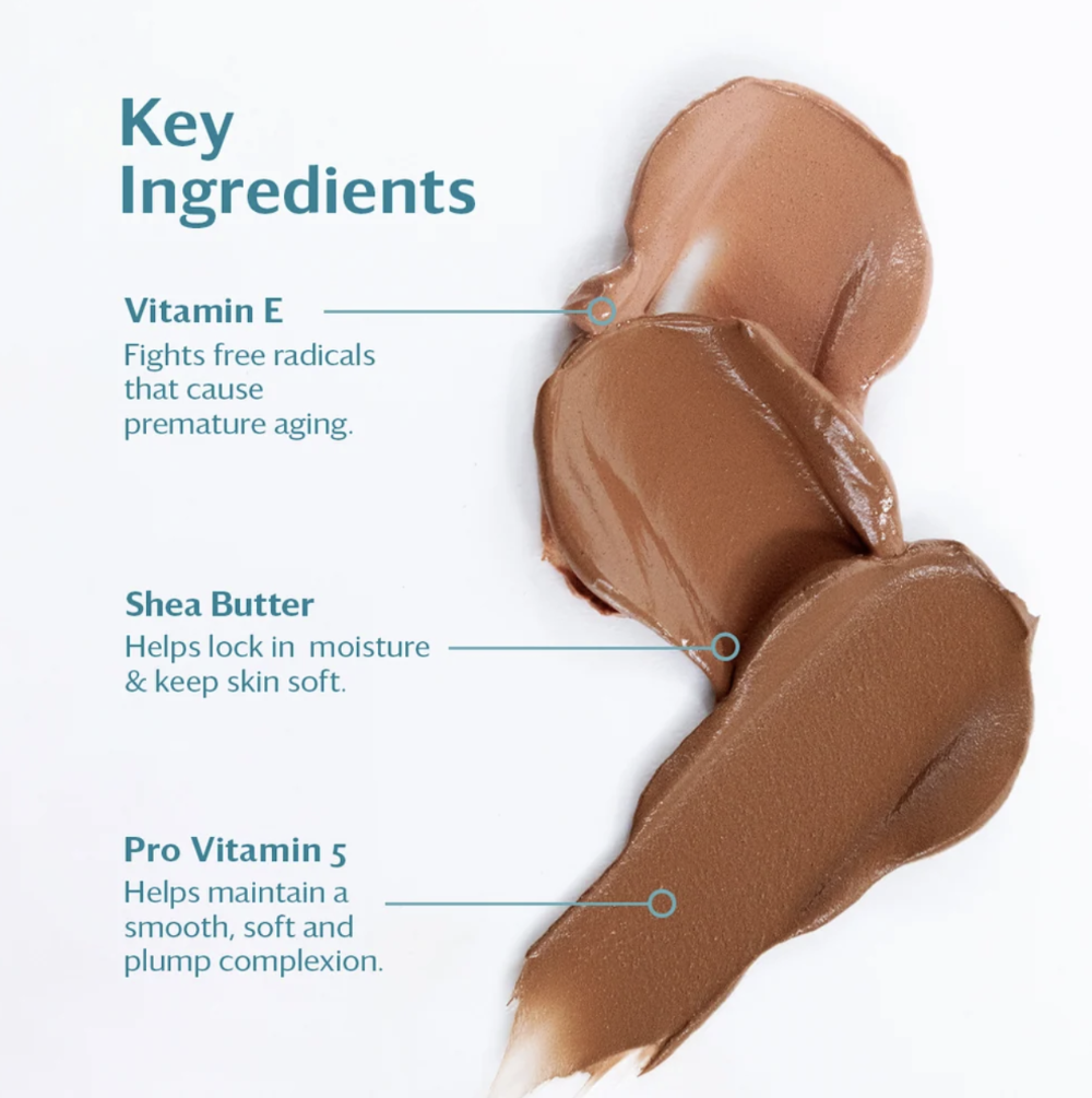 A cosmetic ingredient infographic on a white background showing three swatches of brown cream makeup with callouts reading Vitamin E, Shea Butter, and Pro Vitamin S.